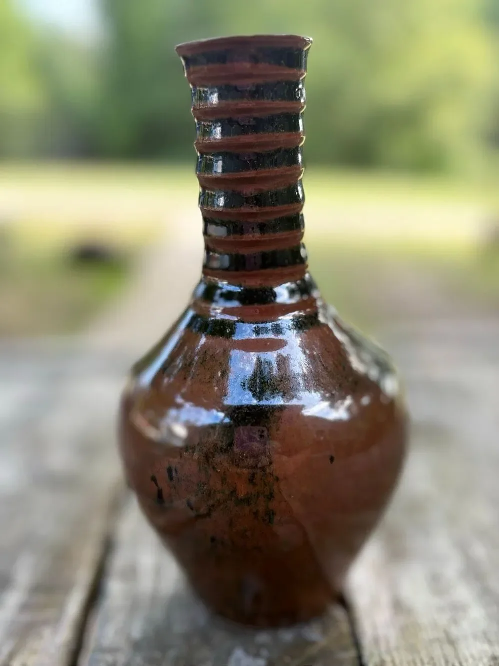 Unknown Studio Pottery Ribbed Neck Bottle Vase Brown Black Glaze Organic Modern
